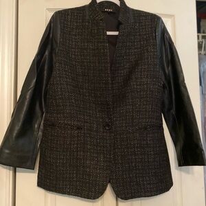 DKNY Black Tweed Blazer with Leather Sleeves
